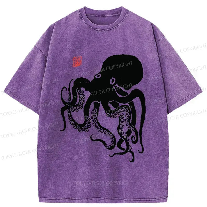 Kyoto-Lion Retro Japanese Octopu Washed T-Shirt