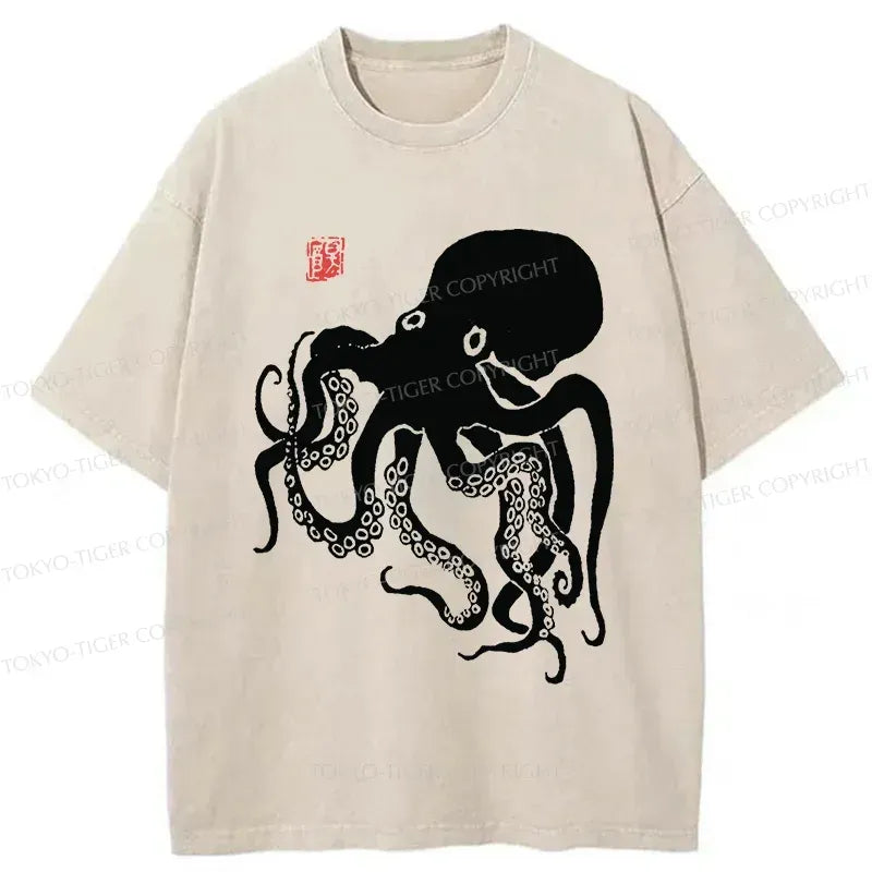 Japanese Octopus Washed T-Shirt for Daily Wear