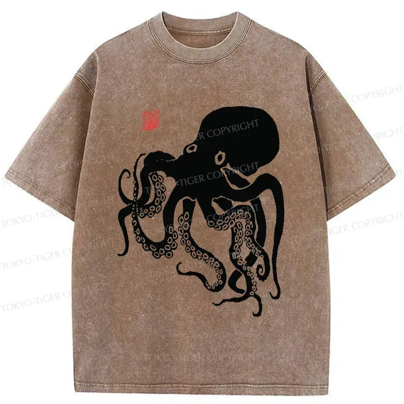 Japanese Octopus Washed T-Shirt for Daily Wear