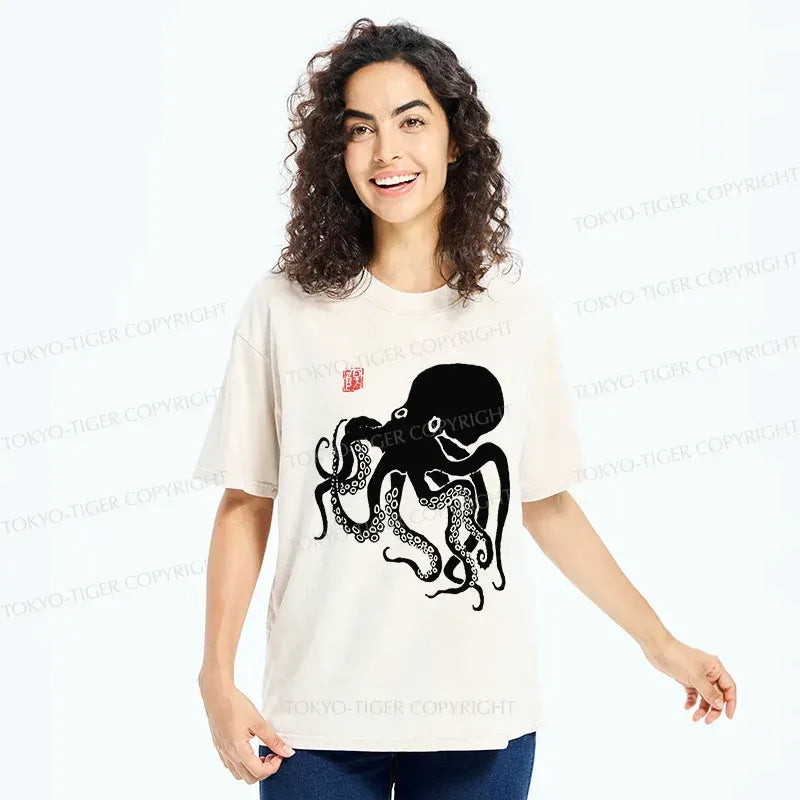Japanese Octopus Washed T-Shirt for Daily Wear