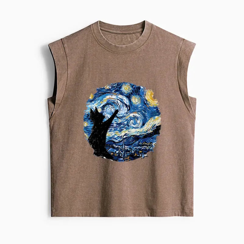 Kyoto-Lion Starry Night Black Cat Women's Washed Tank Tops