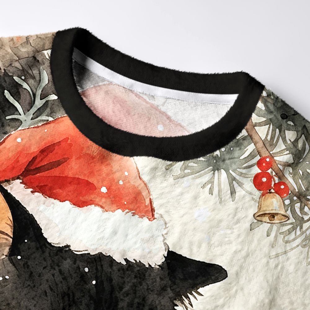 Kyoto-Lion Mystic Black Cat Fuzzy Christmas Ugly Sweatshirt
