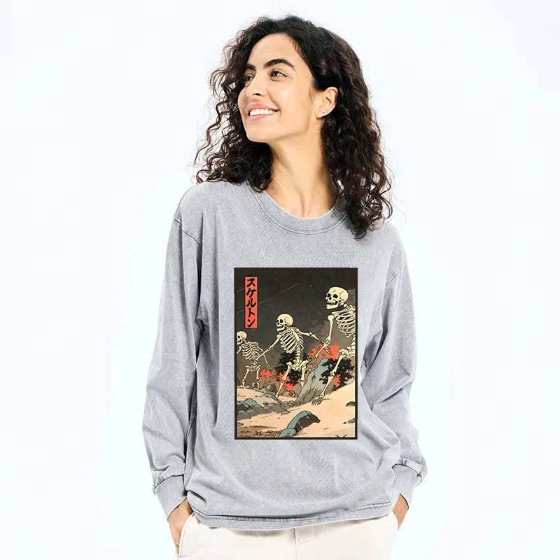 Kyoto-Lion Japanese Rising Skeletons Washed Long Sleeve T-Shirt