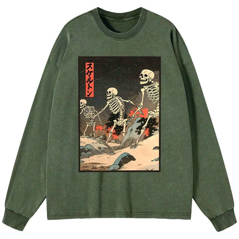 Kyoto-Lion Japanese Rising Skeletons Washed Long Sleeve T-Shirt