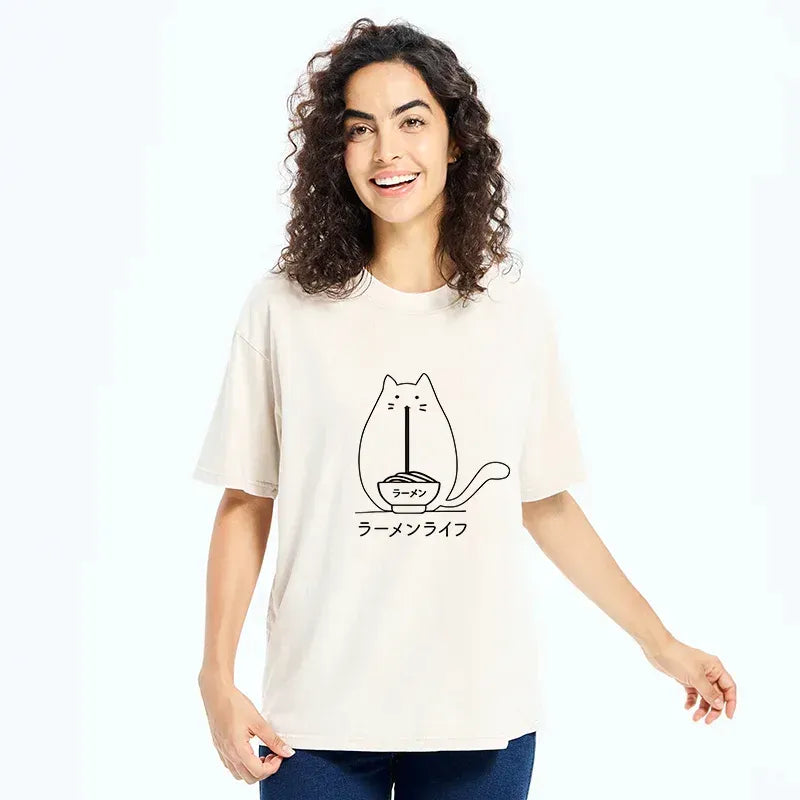 Kyoto-Lion Funny Cat Eating Ramen Washed T-Shirt