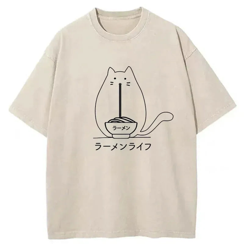 Kyoto-Lion Funny Cat Eating Ramen Washed T-Shirt