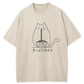 Kyoto-Lion Funny Cat Eating Ramen Washed T-Shirt