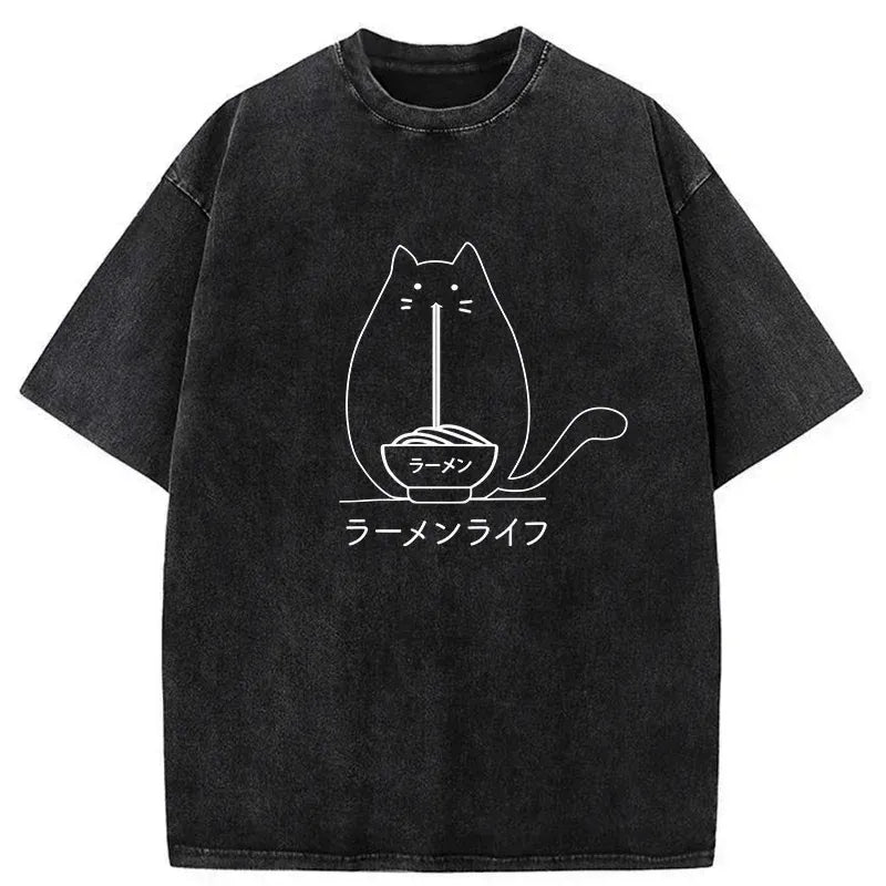 Kyoto-Lion Funny Cat Eating Ramen Washed T-Shirt