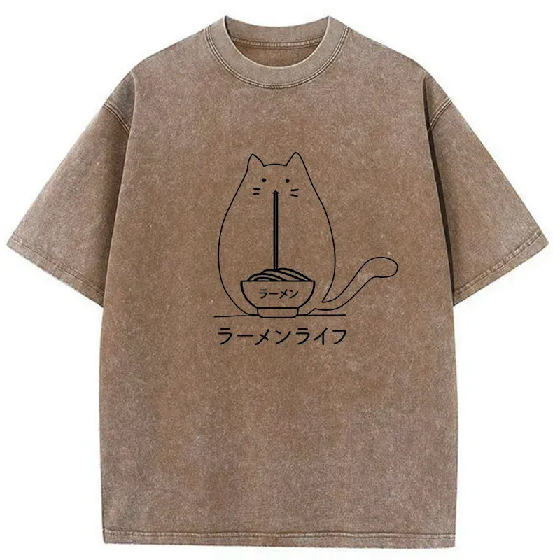 Kyoto-Lion Funny Cat Eating Ramen Washed T-Shirt