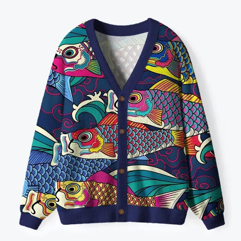 Kyoto-Lion Colorful Japanese Koinobori Ugly Cardigan Sweater