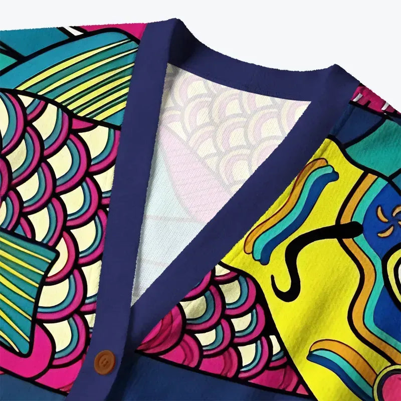 Kyoto-Lion Colorful Japanese Koinobori Ugly Cardigan Sweater