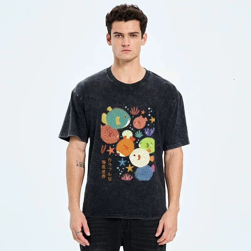 Kyoto-Lion Japanese Fish Kanji Washed T-Shirt