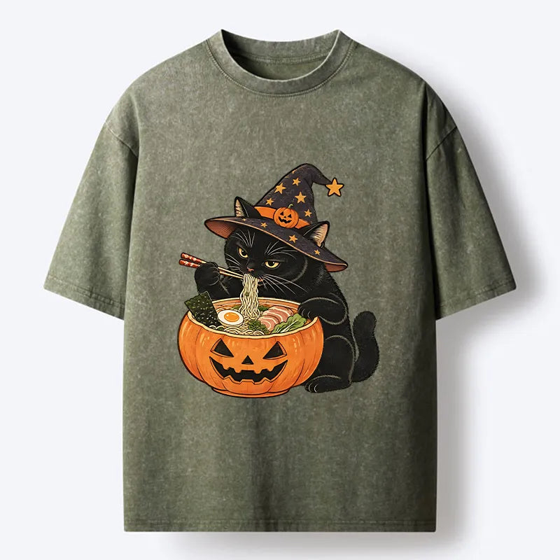 Kyoto-Lion Witch Cat Ramen Washed T-Shirt
