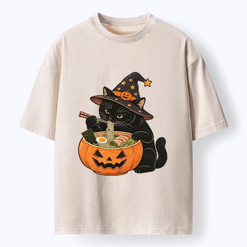 Kyoto-Lion Witch Cat Ramen Washed T-Shirt
