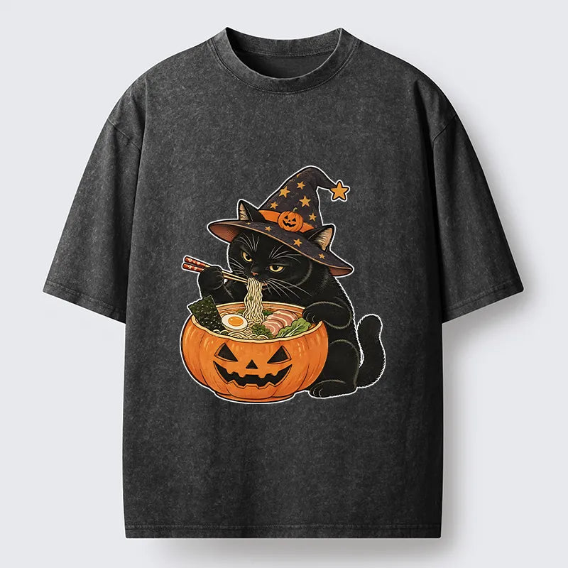 Kyoto-Lion Witch Cat Ramen Washed T-Shirt