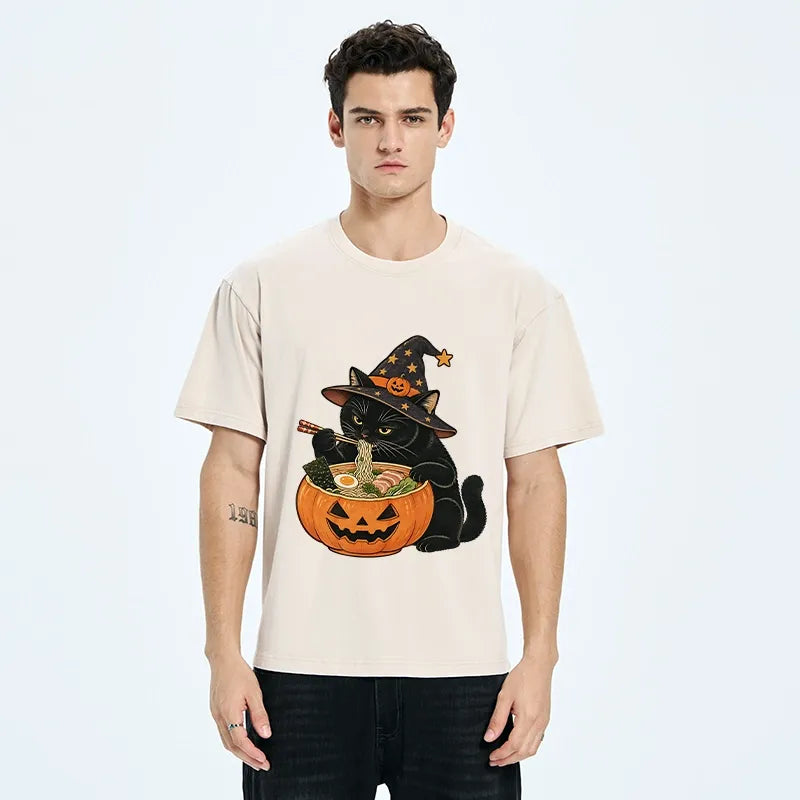 Kyoto-Lion Witch Cat Ramen Washed T-Shirt