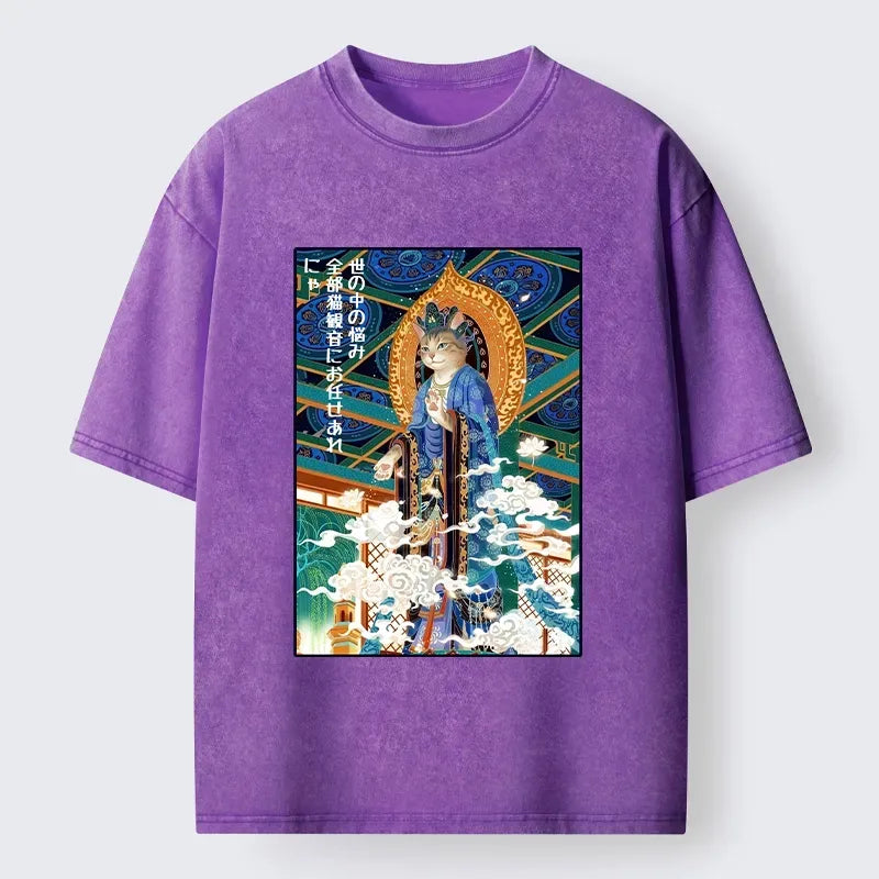 Kyoto-Lion Peaceful Cat Buddha Asian Graphic Washed T-Shirt