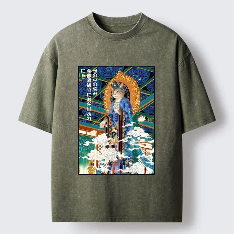Kyoto-Lion Peaceful Cat Buddha Asian Graphic Washed T-Shirt