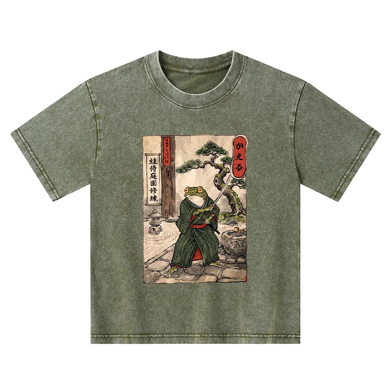 Kyoto-Lion Samurai Frog Training Kids Washed T-Shirt