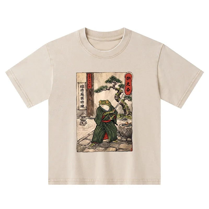 Kyoto-Lion Samurai Frog Training Kids Washed T-Shirt