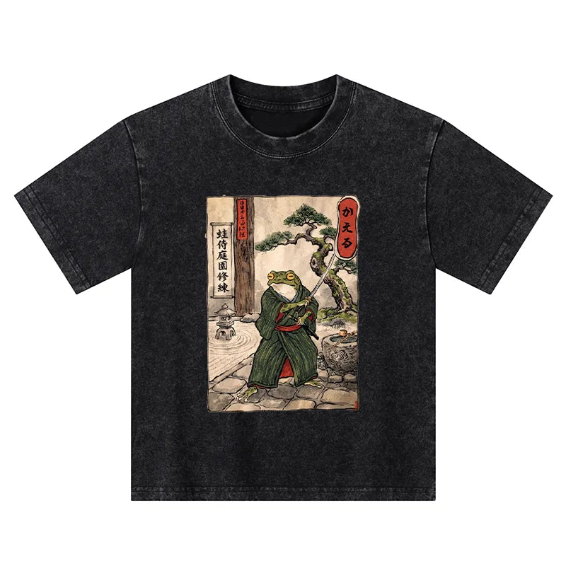 Kyoto-Lion Samurai Frog Training Kids Washed T-Shirt
