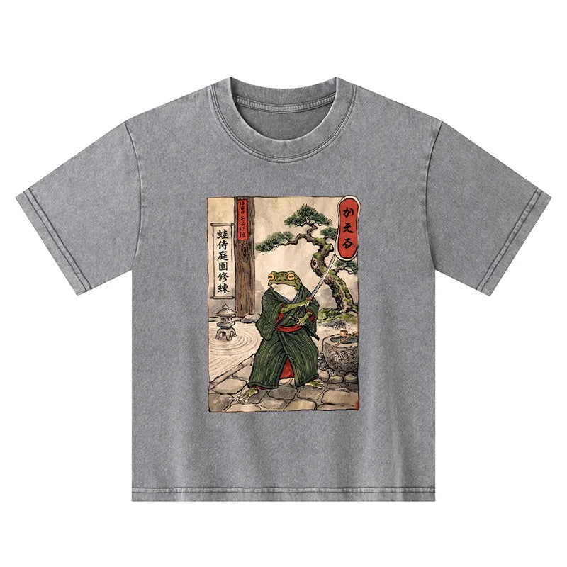 Kyoto-Lion Samurai Frog Training Kids Washed T-Shirt