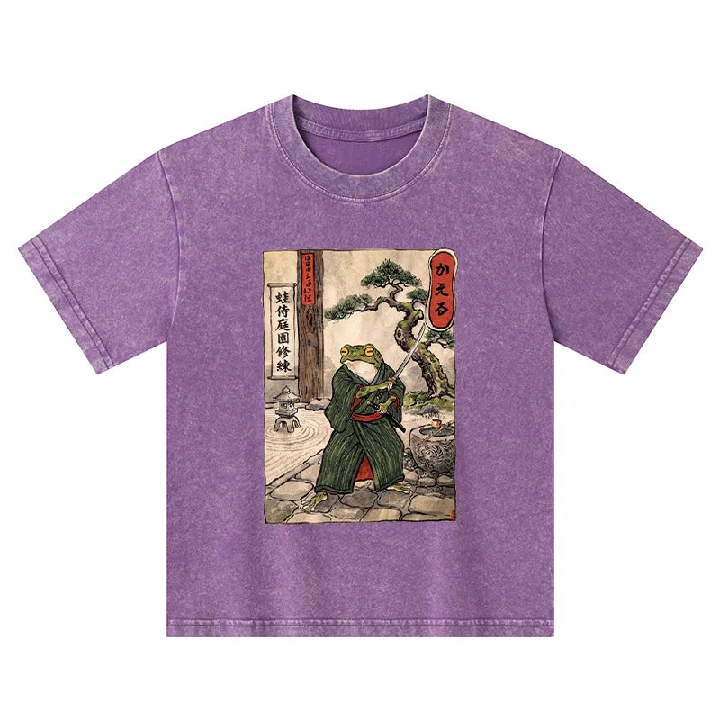 Kyoto-Lion Samurai Frog Training Kids Washed T-Shirt