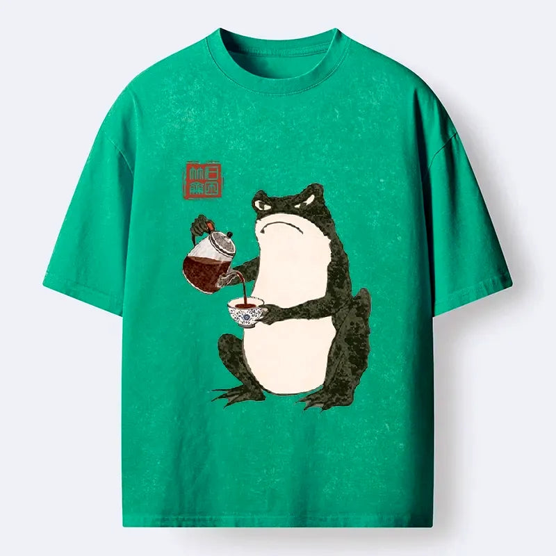 Kyoto-Lion Frog With A Serious Tea Break Washed T-Shirt