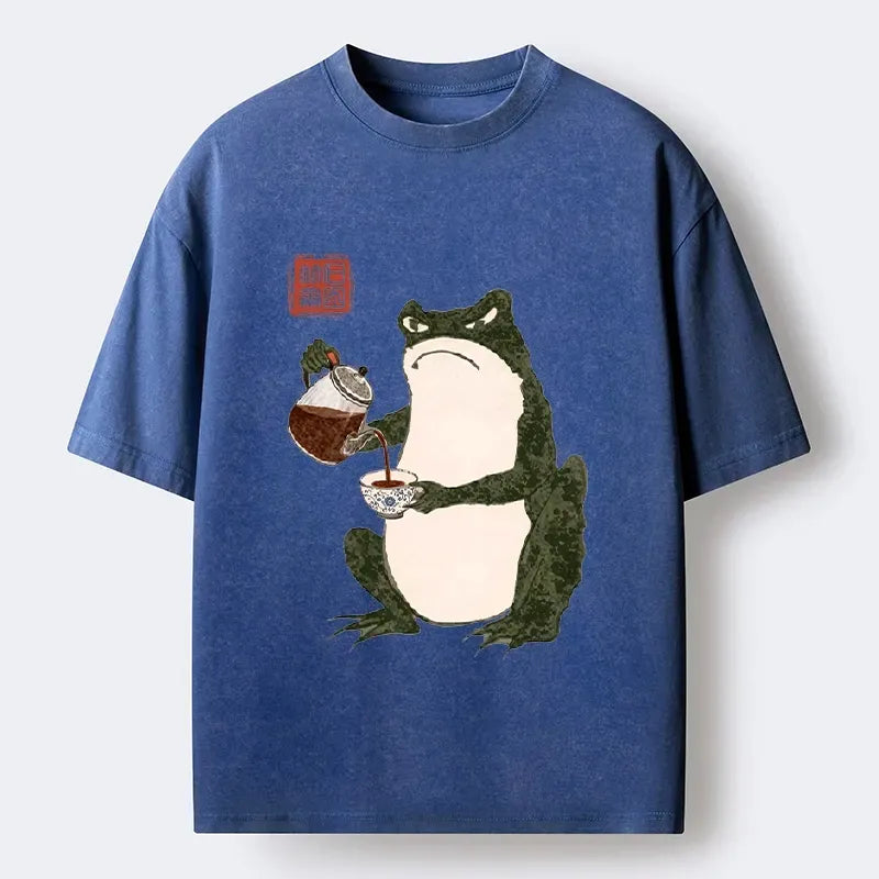 Kyoto-Lion Frog With A Serious Tea Break Washed T-Shirt