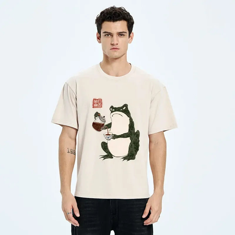 Kyoto-Lion Frog With A Serious Tea Break Washed T-Shirt