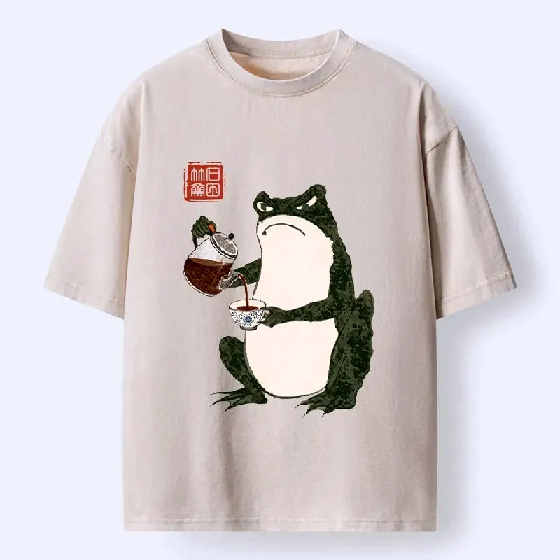Kyoto-Lion Frog With A Serious Tea Break Washed T-Shirt