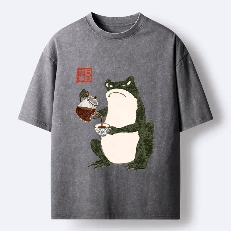 Kyoto-Lion Frog With A Serious Tea Break Washed T-Shirt