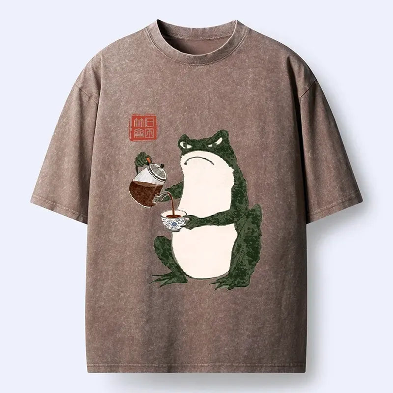 Kyoto-Lion Frog With A Serious Tea Break Washed T-Shirt