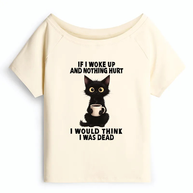 Kyoto-Lion Funny Cute Black Cat And Coffee Meme Off Shoulder T-Shirt