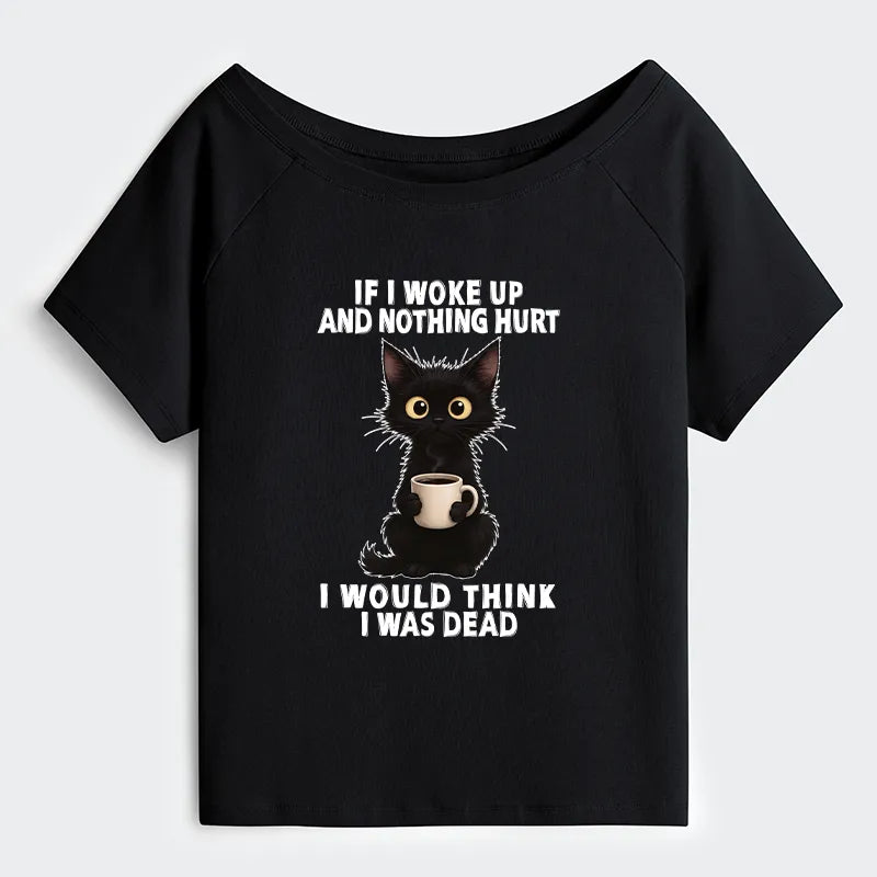Kyoto-Lion Funny Cute Black Cat And Coffee Meme Off Shoulder T-Shirt
