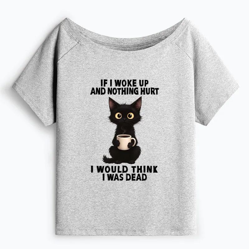 Kyoto-Lion Funny Cute Black Cat And Coffee Meme Off Shoulder T-Shirt