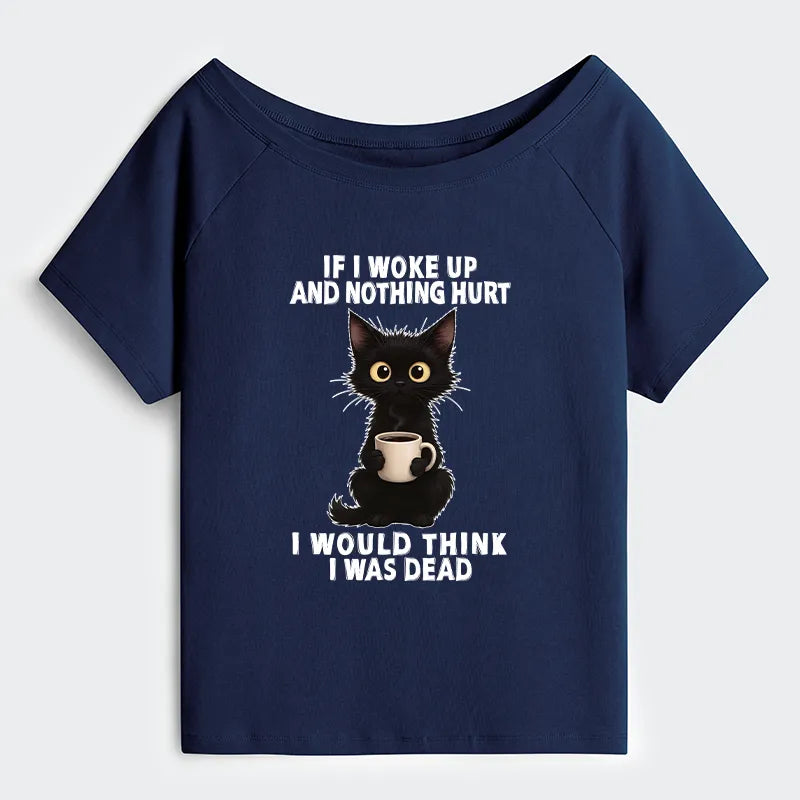 Kyoto-Lion Funny Cute Black Cat And Coffee Meme Off Shoulder T-Shirt