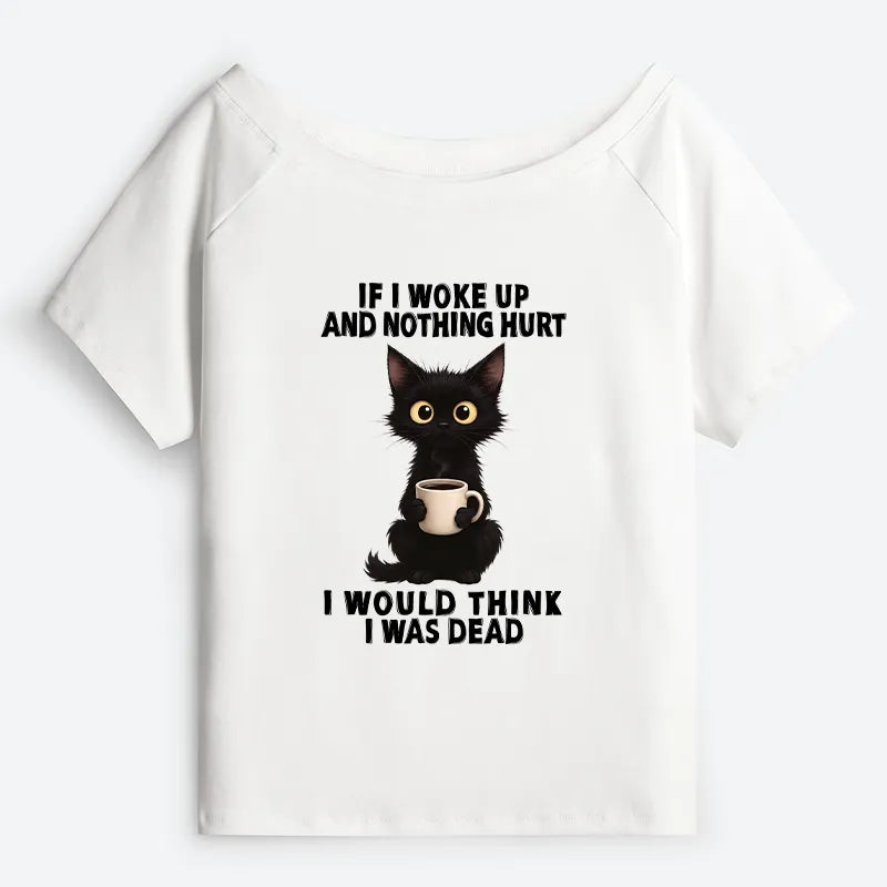 Kyoto-Lion Funny Cute Black Cat And Coffee Meme Off Shoulder T-Shirt