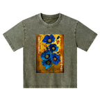 Kyoto-Lion Shiny Blue Flower Warm Golden Background Kids Washed T-Shirt
