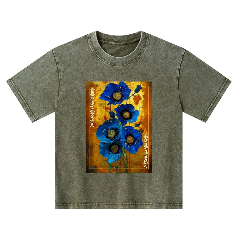 Kyoto-Lion Shiny Blue Flower Warm Golden Background Kids Washed T-Shirt