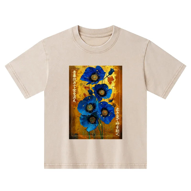 Kyoto-Lion Shiny Blue Flower Warm Golden Background Kids Washed T-Shirt