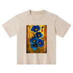 Kyoto-Lion Shiny Blue Flower Warm Golden Background Kids Washed T-Shirt