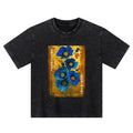 Kyoto-Lion Shiny Blue Flower Warm Golden Background Kids Washed T-Shirt