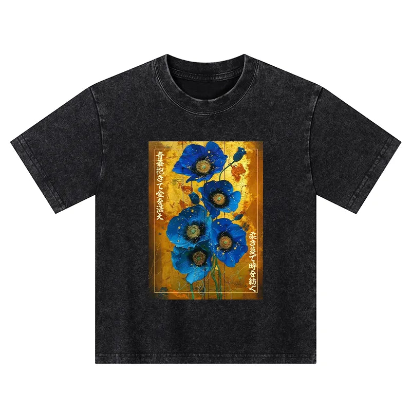 Kyoto-Lion Shiny Blue Flower Warm Golden Background Kids Washed T-Shirt