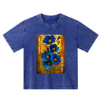 Kyoto-Lion Shiny Blue Flower Warm Golden Background Kids Washed T-Shirt