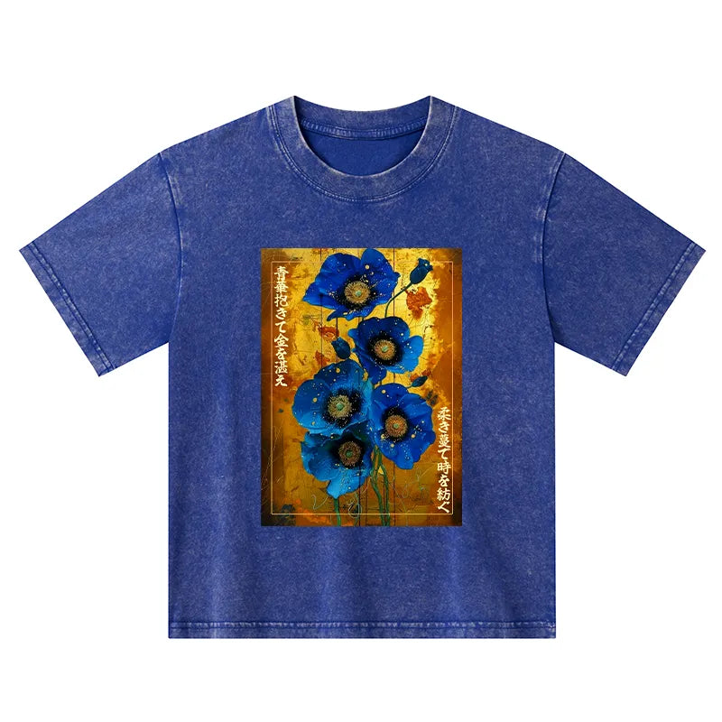 Kyoto-Lion Shiny Blue Flower Warm Golden Background Kids Washed T-Shirt