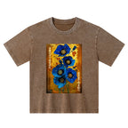 Kyoto-Lion Shiny Blue Flower Warm Golden Background Kids Washed T-Shirt