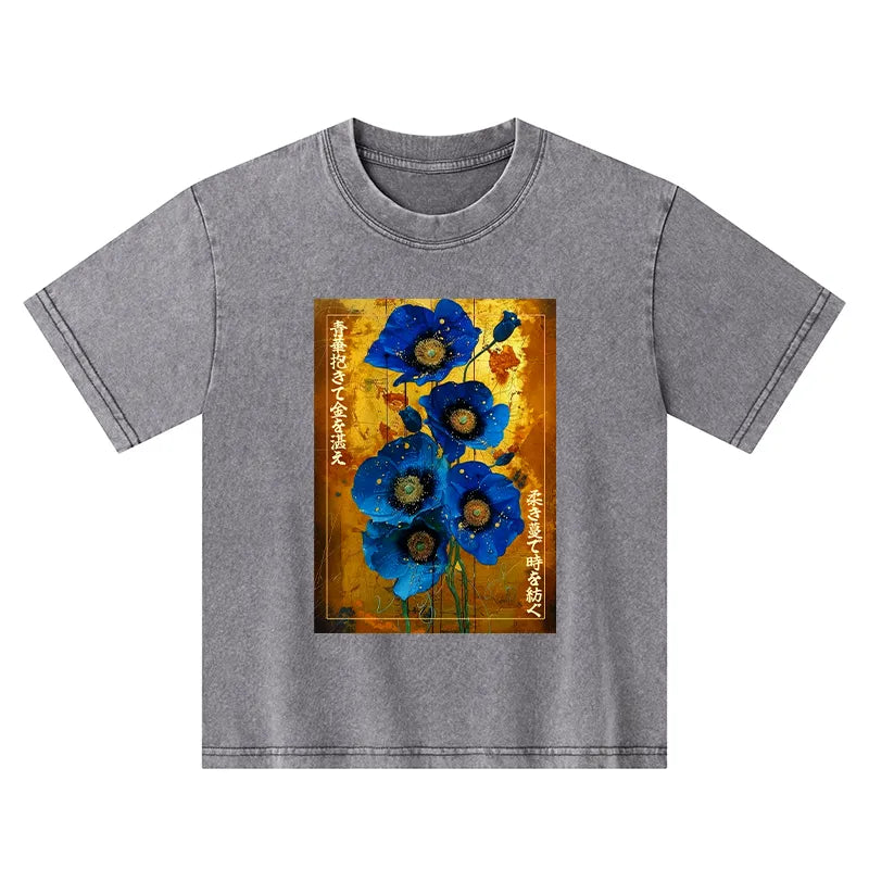 Kyoto-Lion Shiny Blue Flower Warm Golden Background Kids Washed T-Shirt