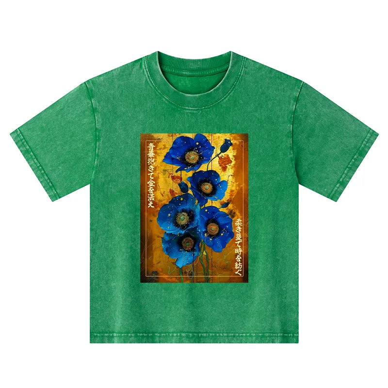 Kyoto-Lion Shiny Blue Flower Warm Golden Background Kids Washed T-Shirt
