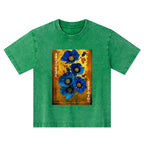 Kyoto-Lion Shiny Blue Flower Warm Golden Background Kids Washed T-Shirt